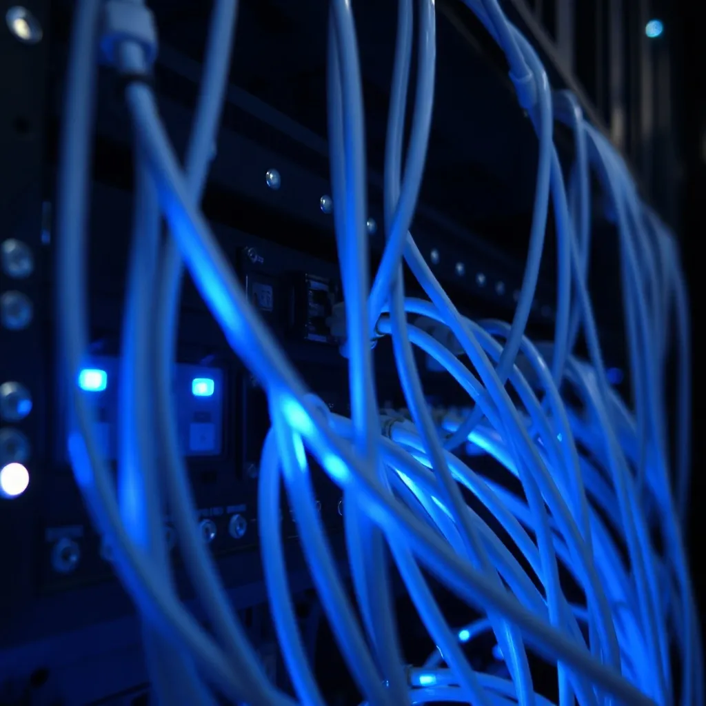 Industrial server rack close up with glowing blue and white